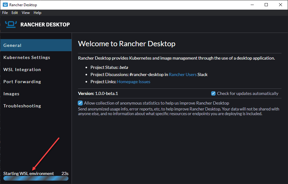 WSL environment being prepared by Rancher Desktop
