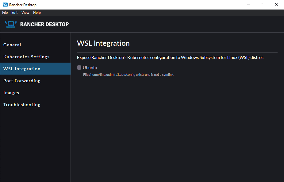 WSL integration settings screen in Rancher Desktop