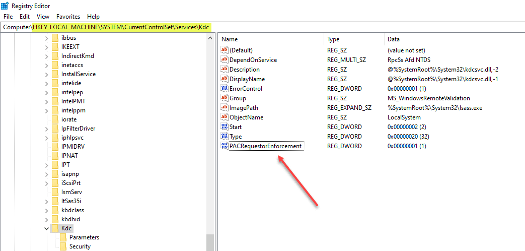 Adding the PacREquestorEnforcement registry key to a domain controller