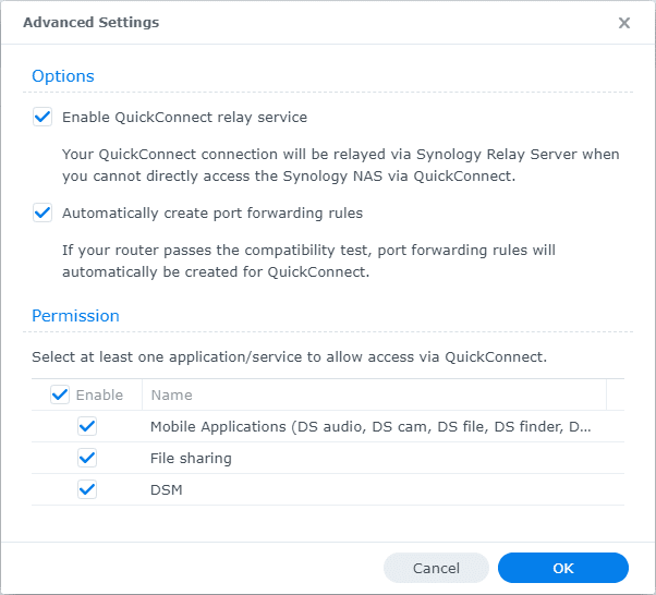 Advanced settings to enable QuickConnect access granularly