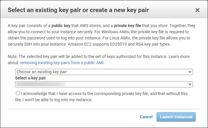 After creating an AMI image you can select a new or existing key pair