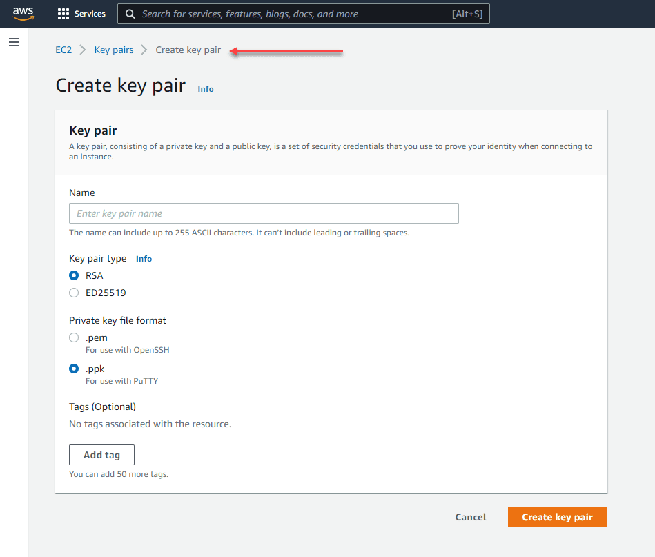 Creating a new key pair in Amazon AWS