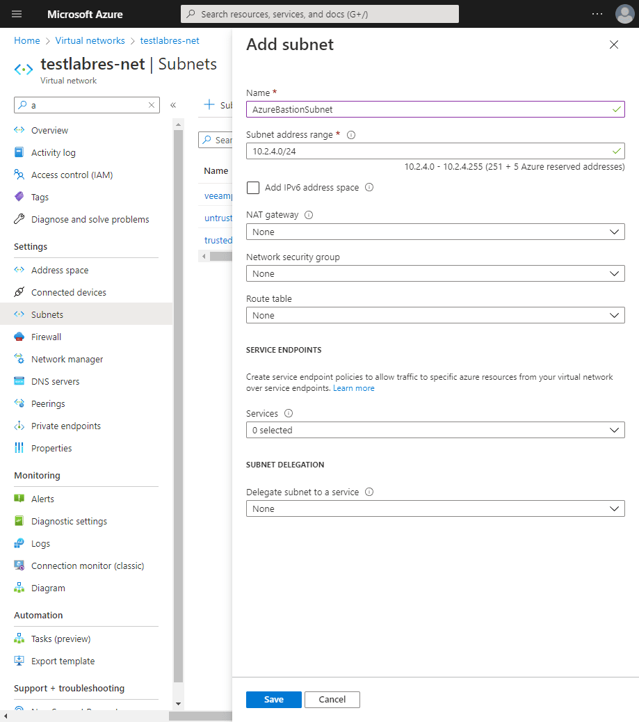 Creating an Azure Bastion host subnet