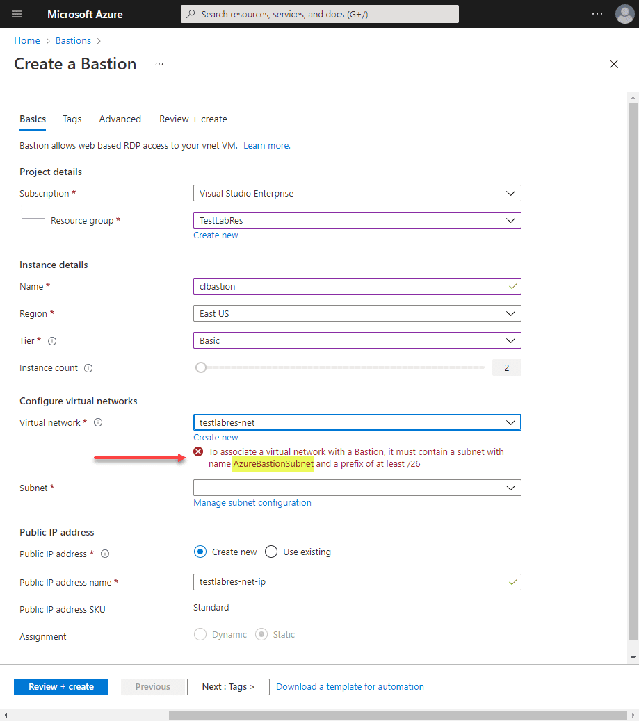 Error creating the Azure Bastion host due to network requirements