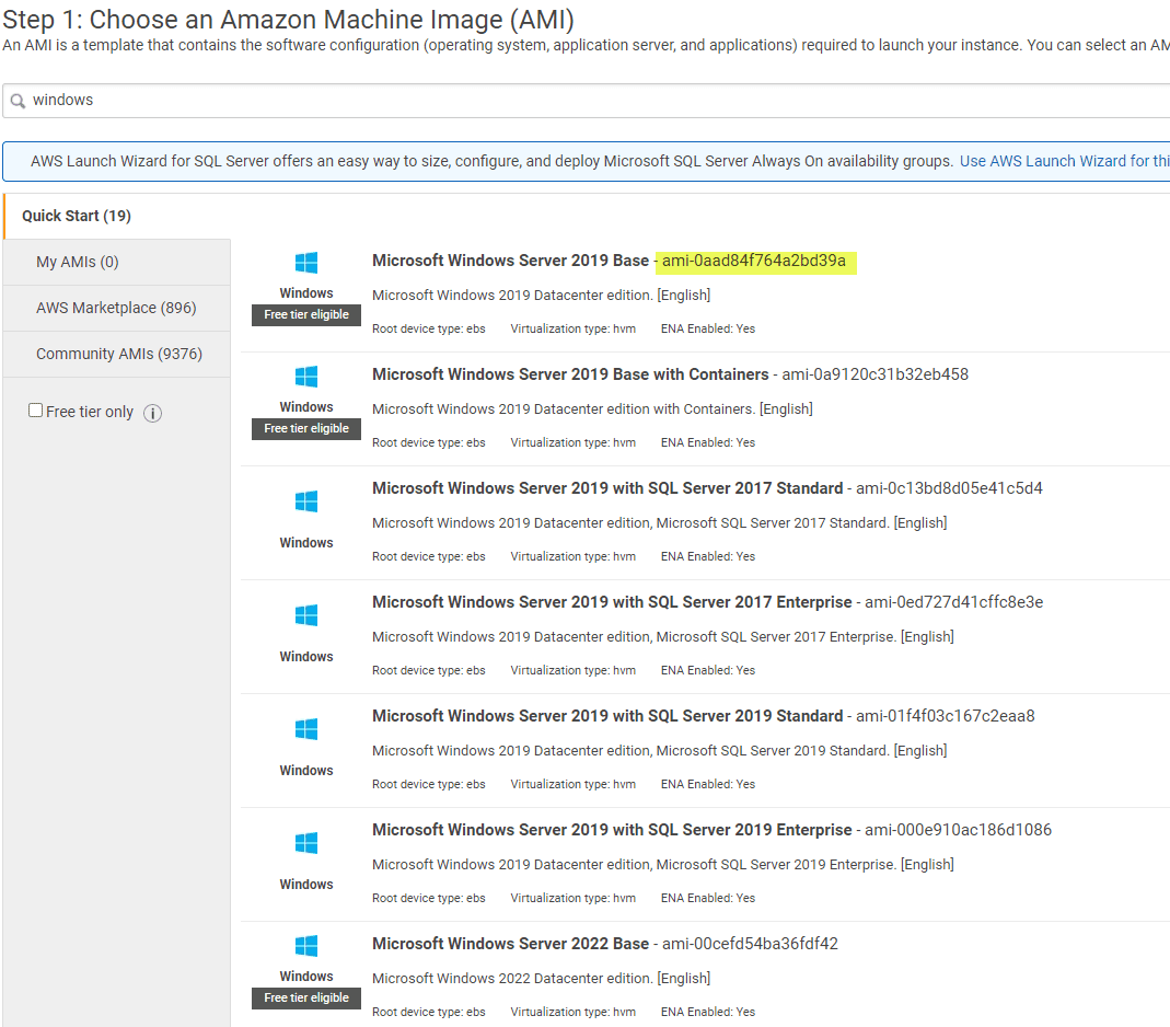 Finding the AMI value for your Windows Server in AWS