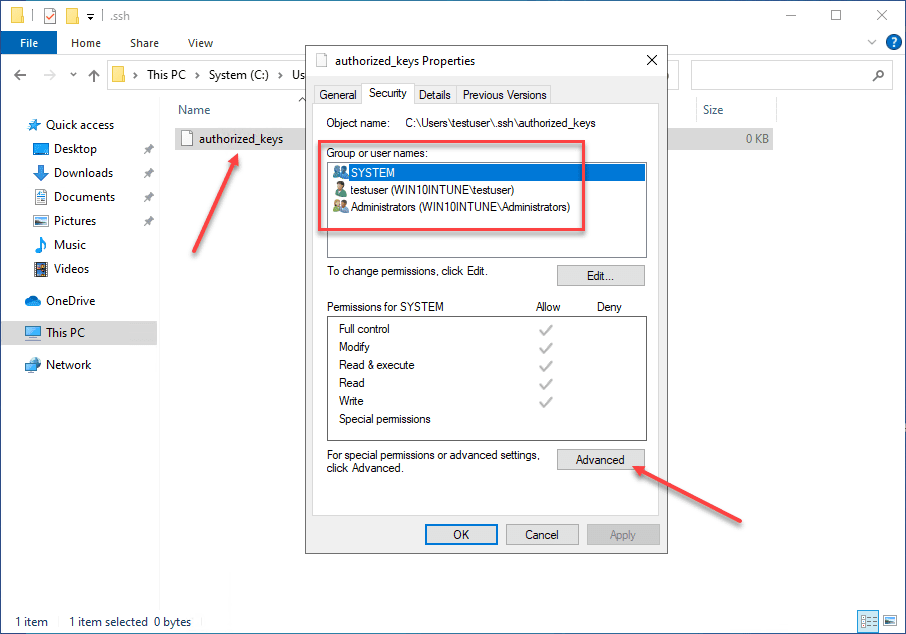 Permissions set by default on the authorized keys file