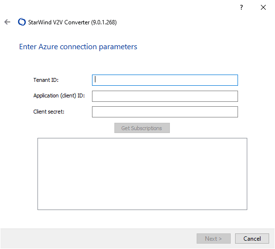 Prompting to enter the Azure connection credentials