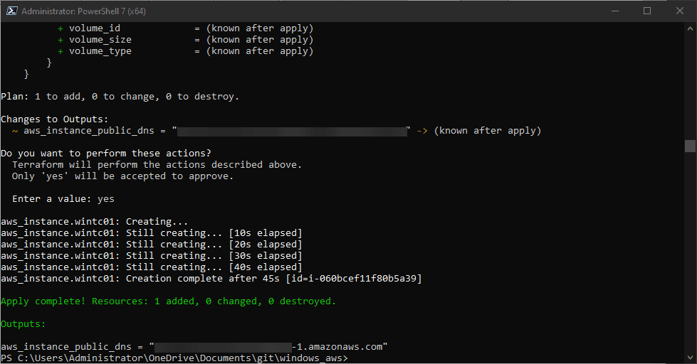 Running the Terraform apply command the Windows EC2 instance is provisioned successfully