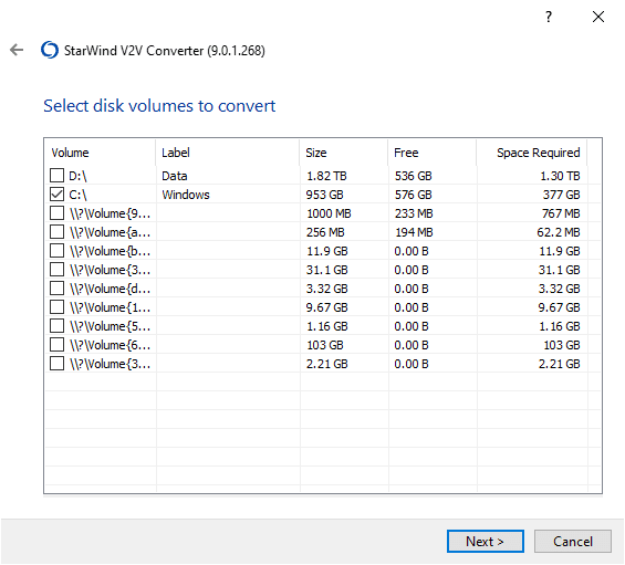 Selecting the local hard disk to convert