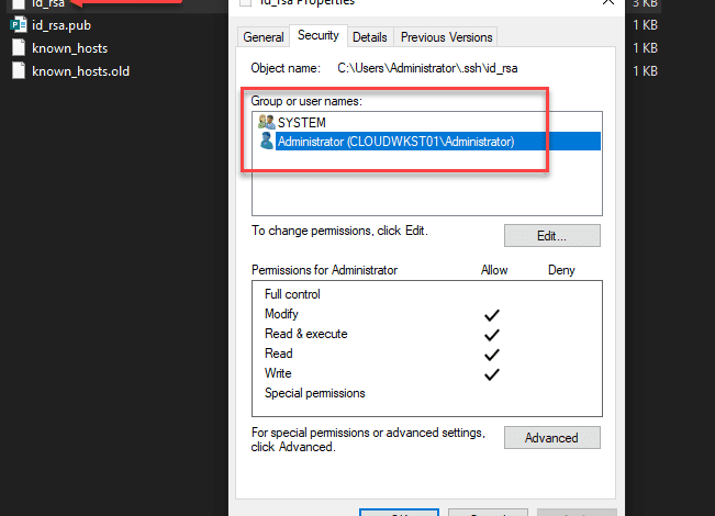 Setting permissions on the SSH private key