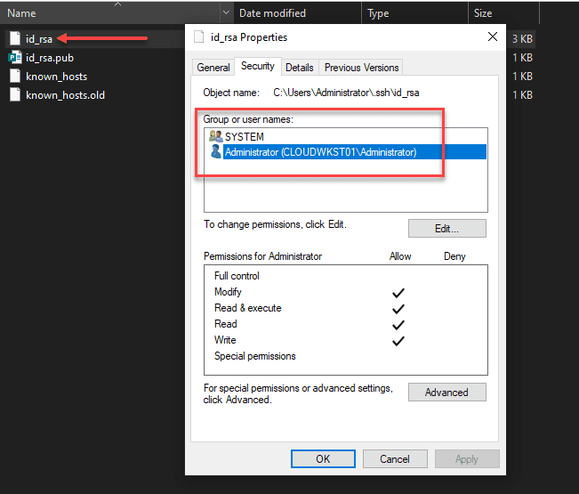 Setting permissions on the SSH private key