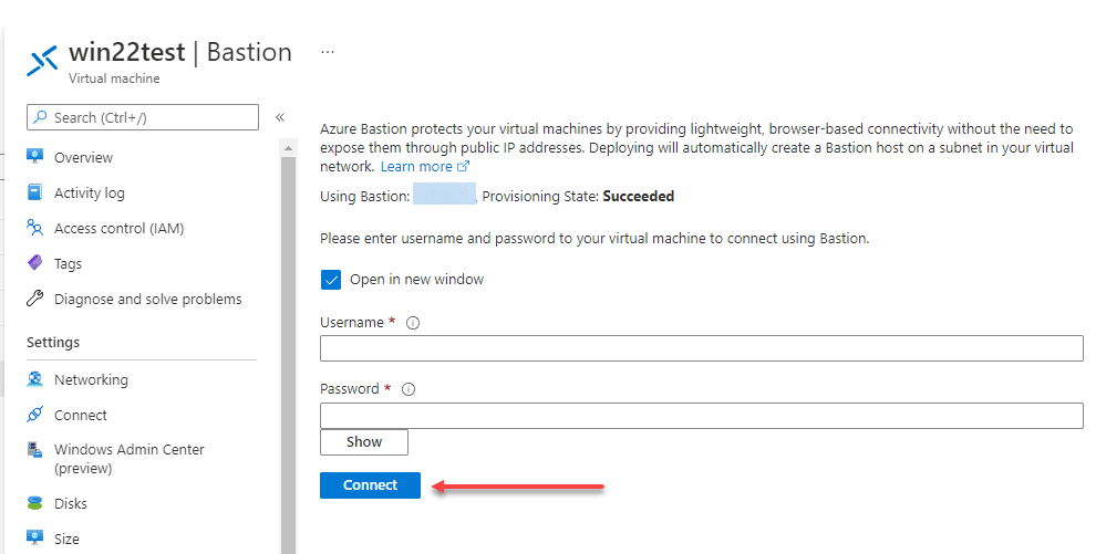 Username and password prompt for Azure bastion connection to a VM