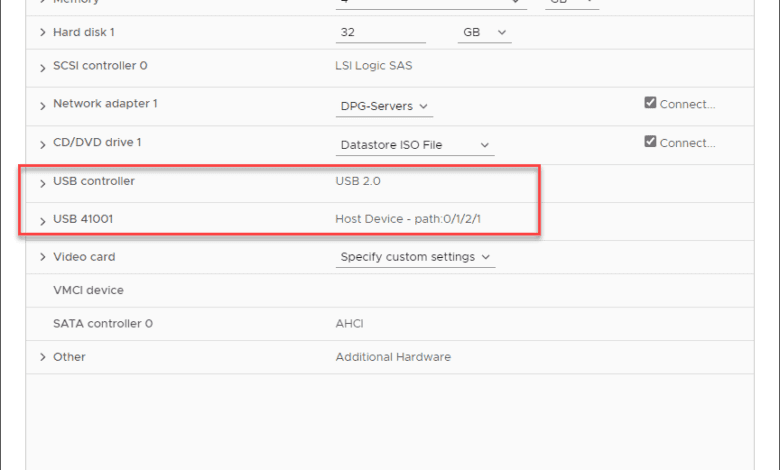 VMware ESXi virtual machine with USB controller