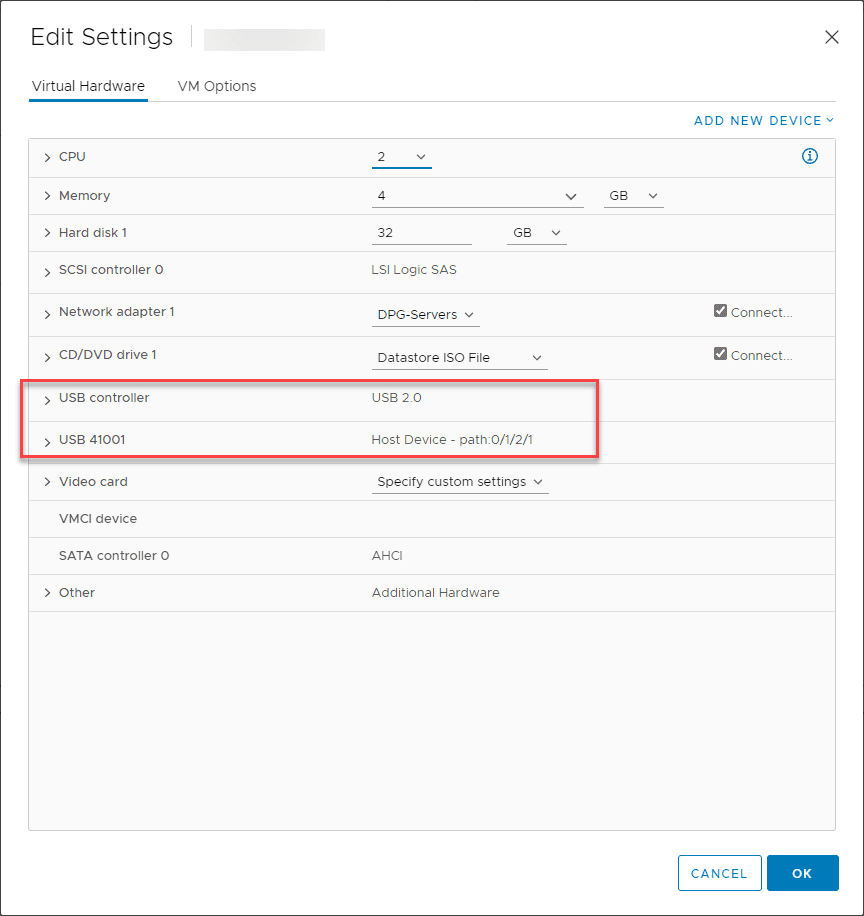 VMware ESXi virtual machine with USB controller