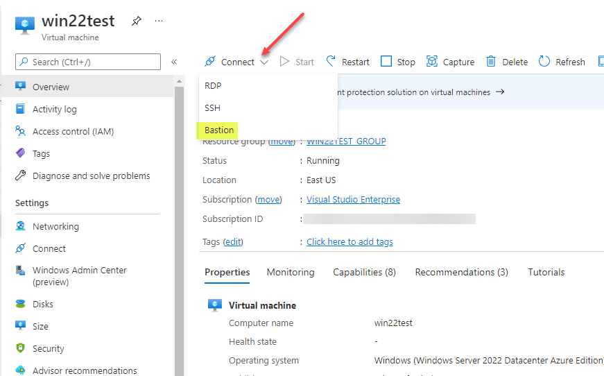 Viewing the Bastion option for connecting to an internal Azure VM