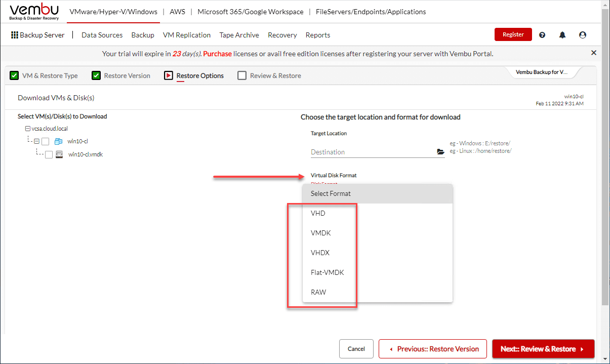 Viewing the virtual disk formats in BDRSuite Download VMs and Disks functionality