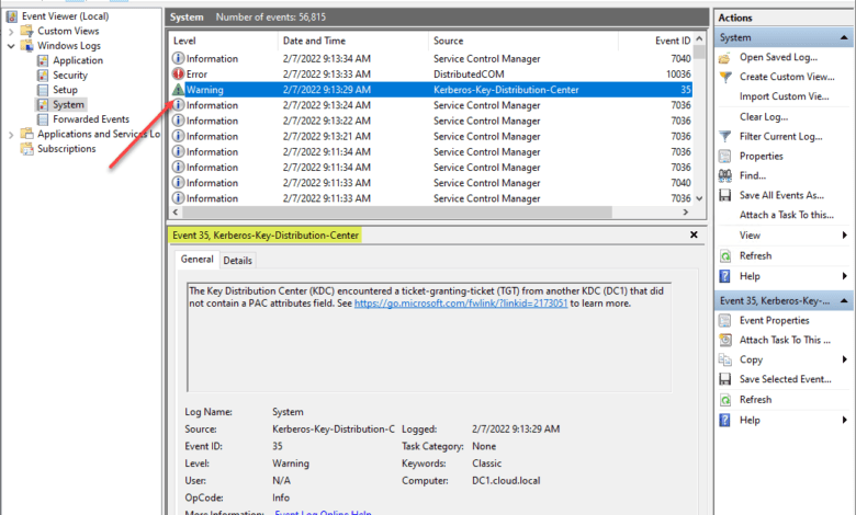 Warning in the SYSTEM log from the PacRequestorEnforcement registry key set to 1