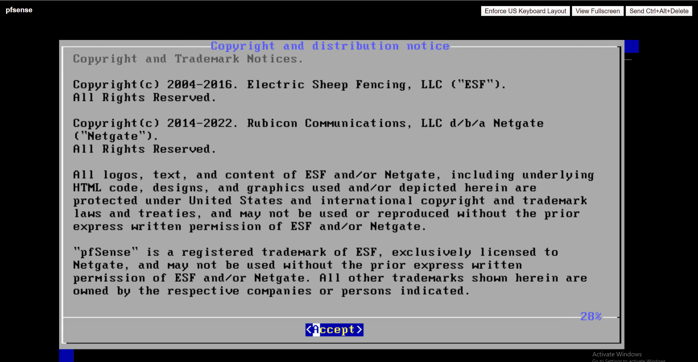 Accept the EULA for pfSense installation in VMware