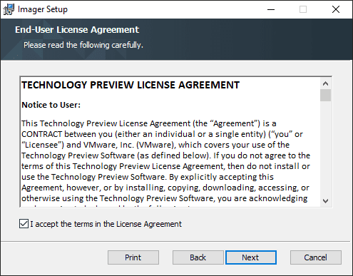Accept the EULA for the VMware Imager Fling