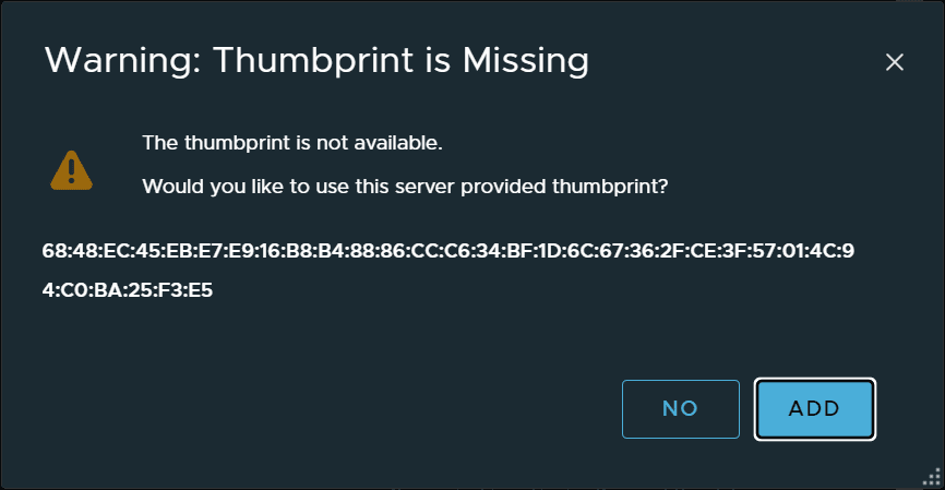 Add the thumbprint of the vCenter Server