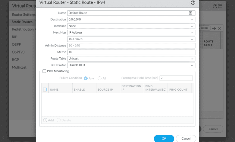 Adding a static default route in Palo Alto VM series