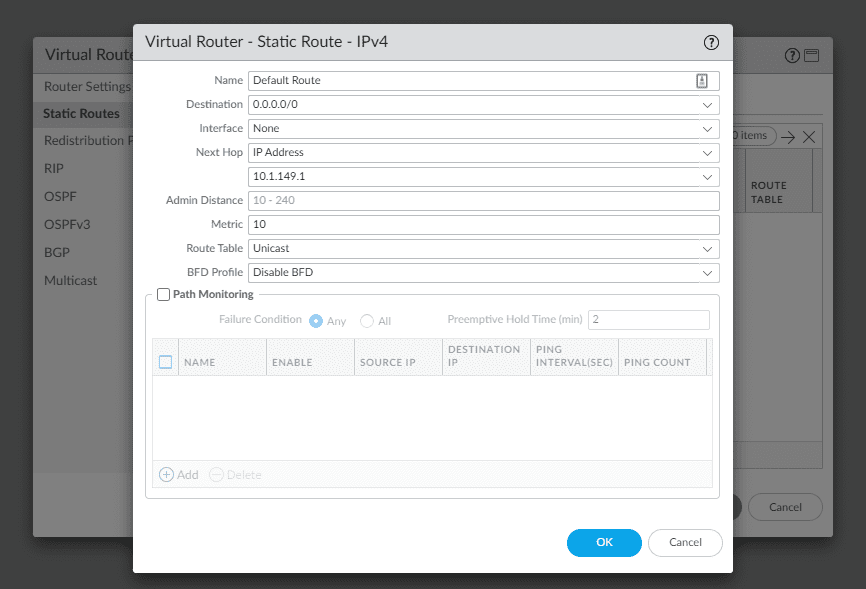 Adding a static default route in Palo Alto VM series