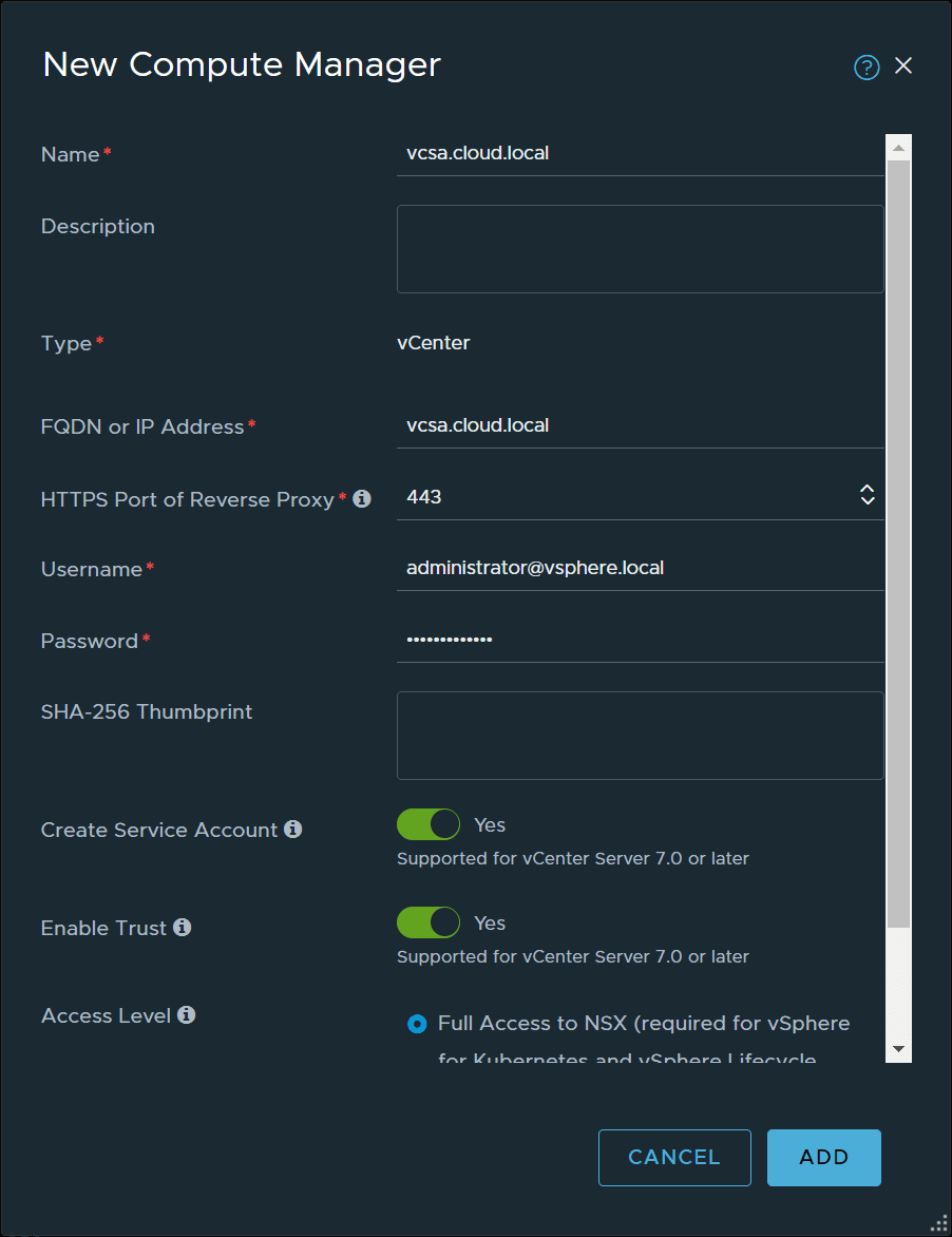 Adding vCenter Server as a Compute Manager