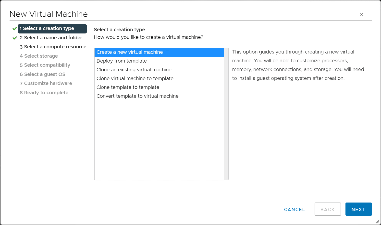 Begin the new virtual machine wizard in VMware vSphere