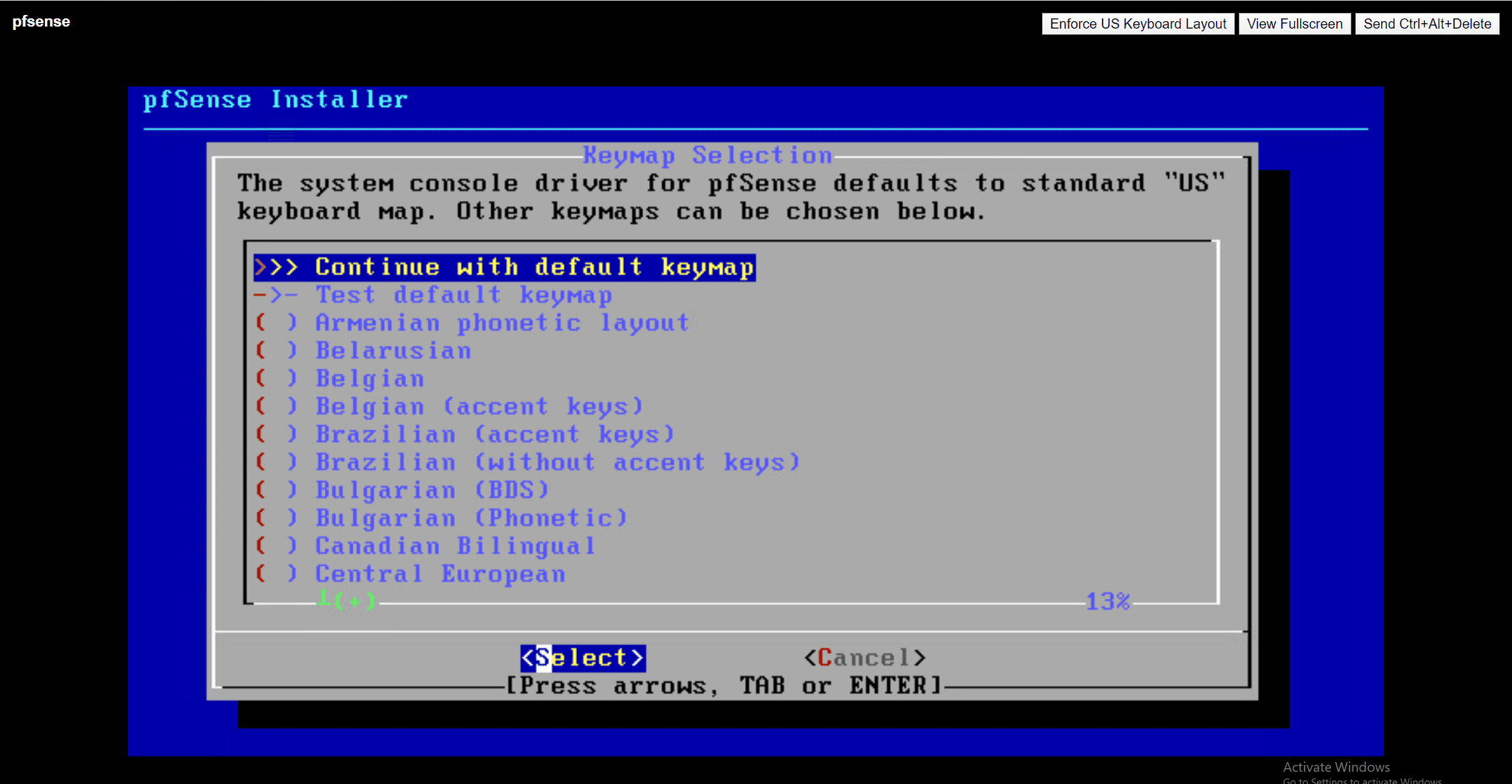 Choose the keyboard layout for pfSense