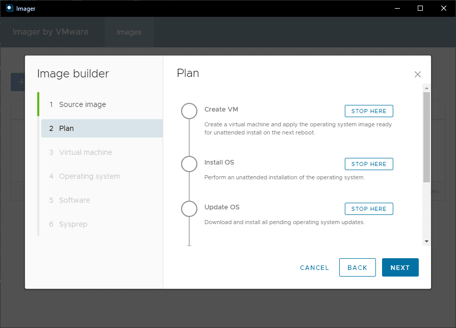 Configure the Plan stages for the Windows 10 build with the Imager tool