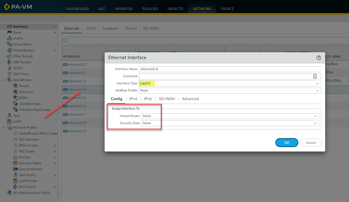 Configuring a new interface on the Palo Alto VM series firewall