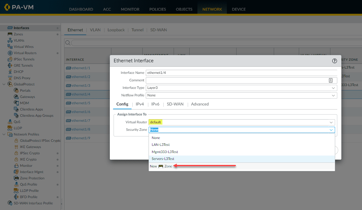 Configuring the default router and security zone