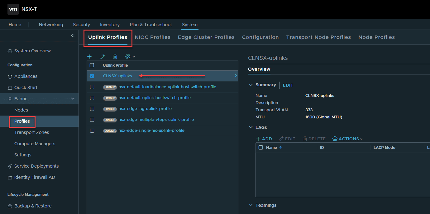 Creating a customized uplink profile for VMware NSX T Data Center