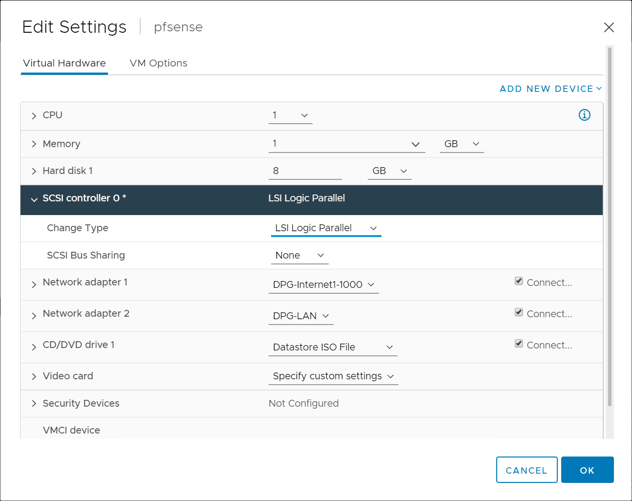 Customize the hardward for your pfSense VMware virtual machine