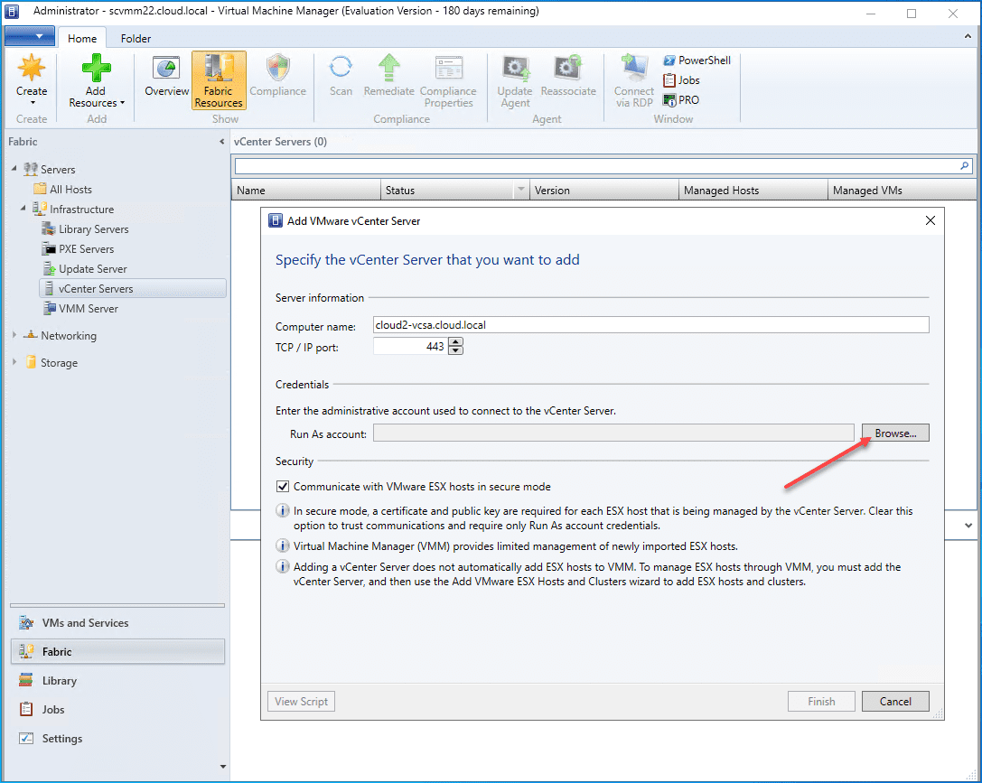 Enter the administrative account to connect to vCenter Server