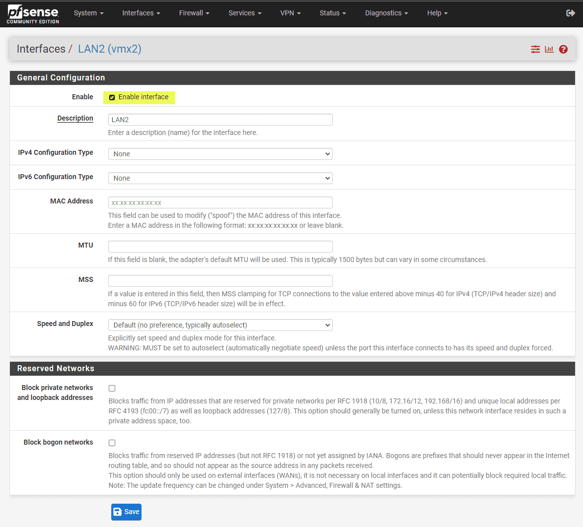 Make sure the parent pfSense interface is enabled