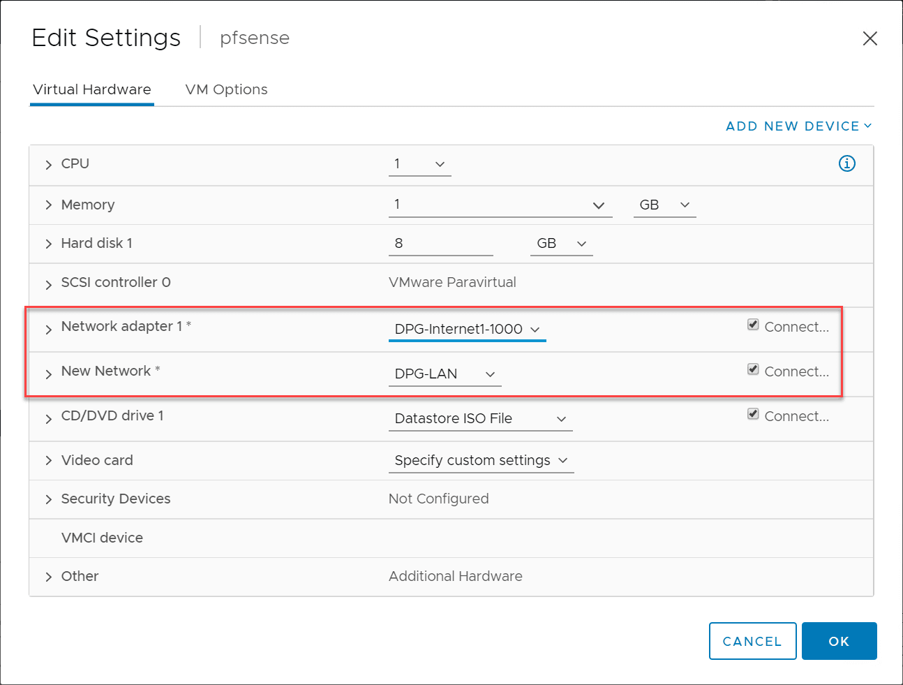 Make sure you have two network connections for pfSense WAN and LAN