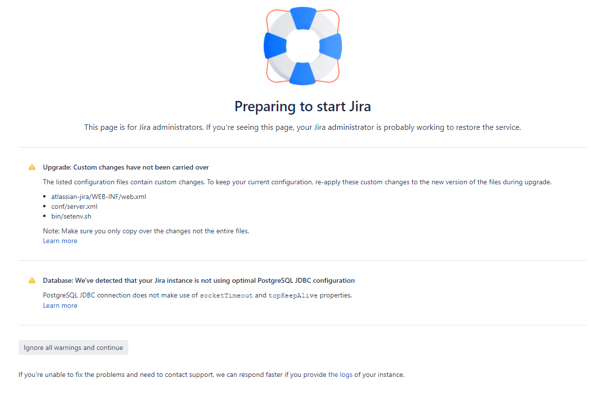Message displayed when browsing to the Jira site after upgrading