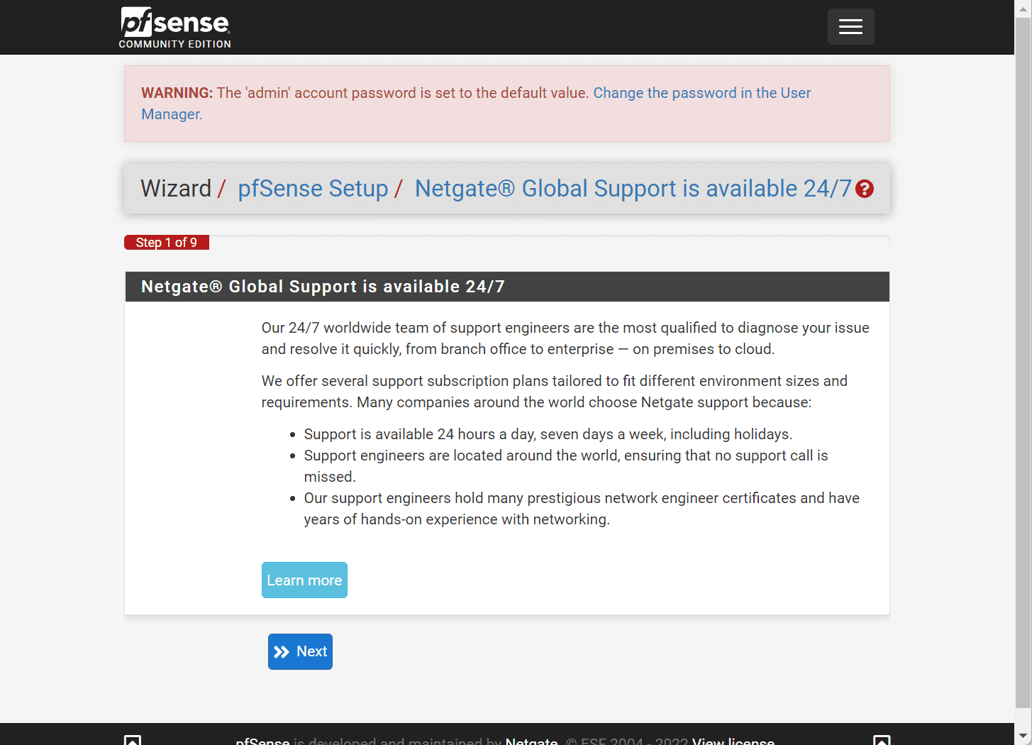 Netgate global support screen