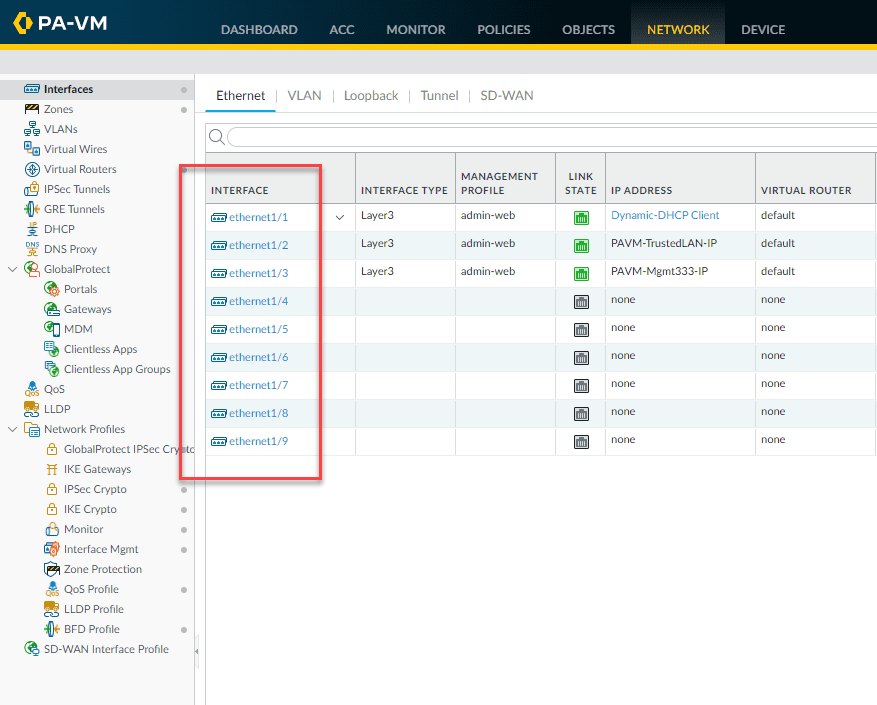 Network interfaces configured in Palo Alto VM Series firewall