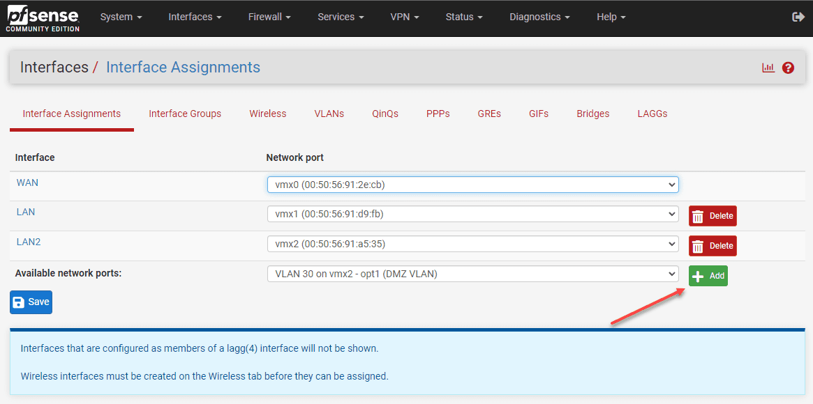 On interface assignments add the new VLAN interface as an interface