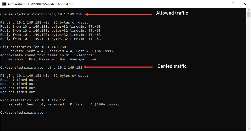 PIng test to check the allow and deny rules