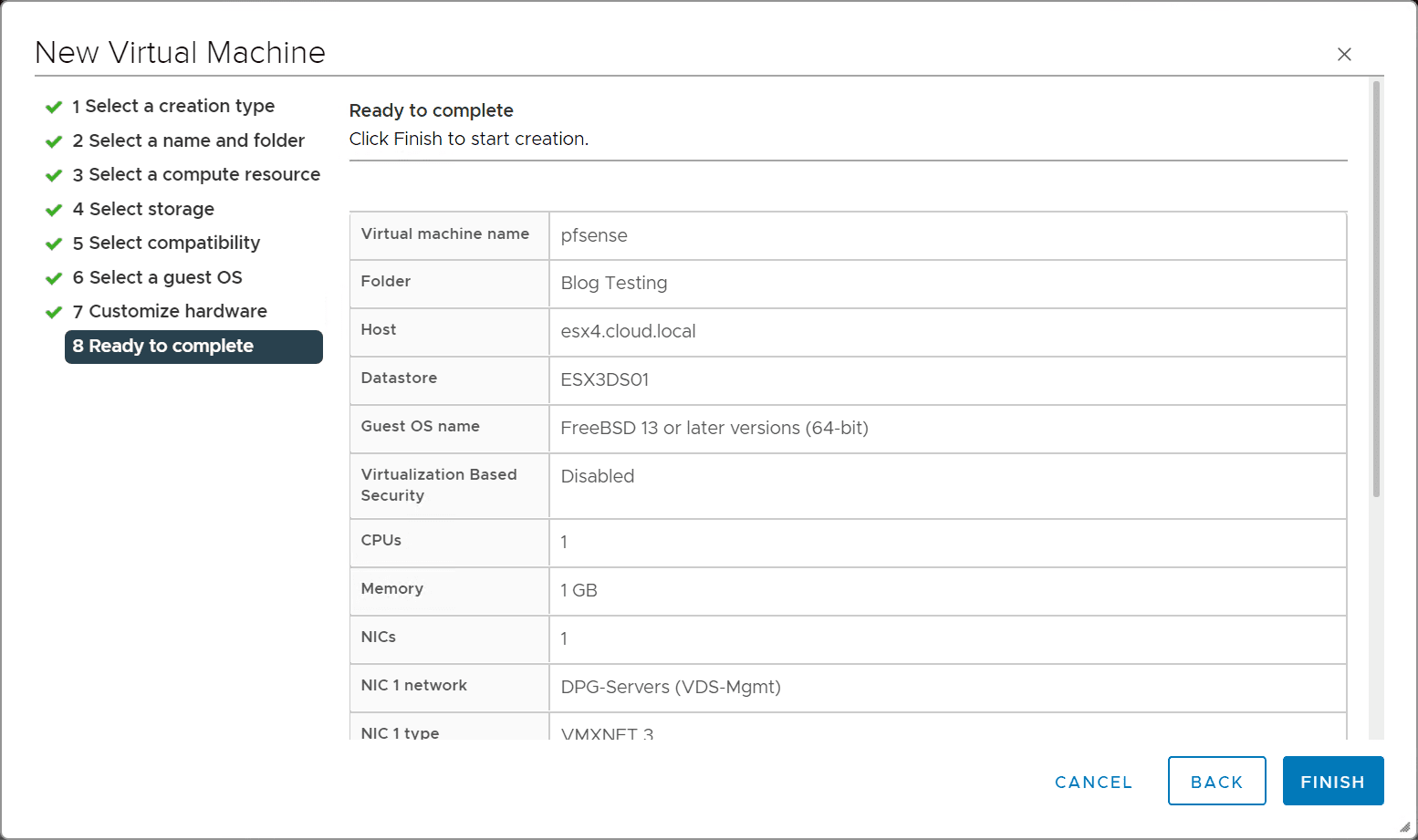 Ready to complete the new virtual machine wizard for pfSense