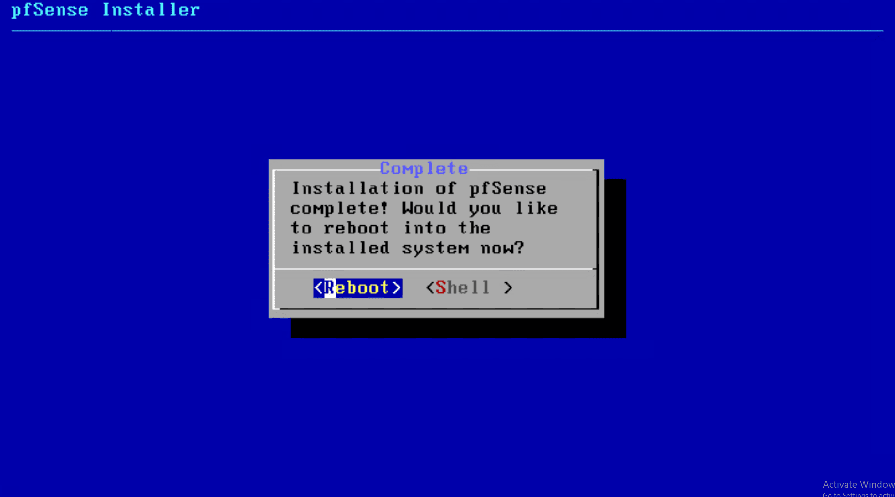 Reboot after the installation of pfSense completes