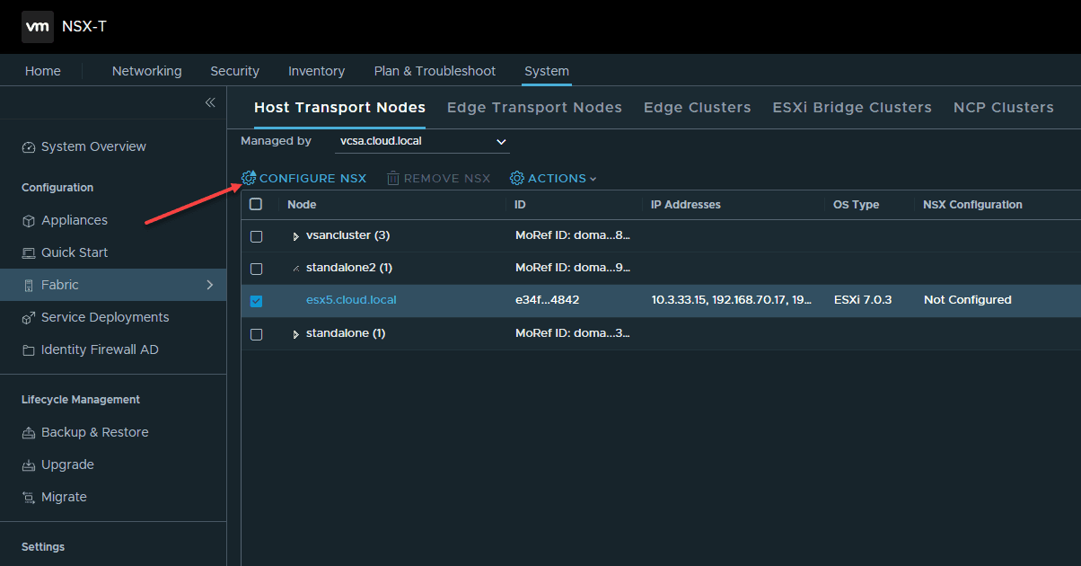 Select an ESXi host to install and configure NSX