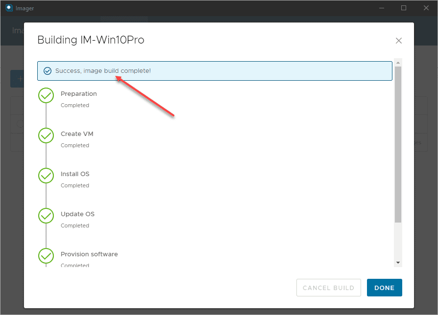 The VMware Imager Fling successfully build out a new Windows 10 virtual machine