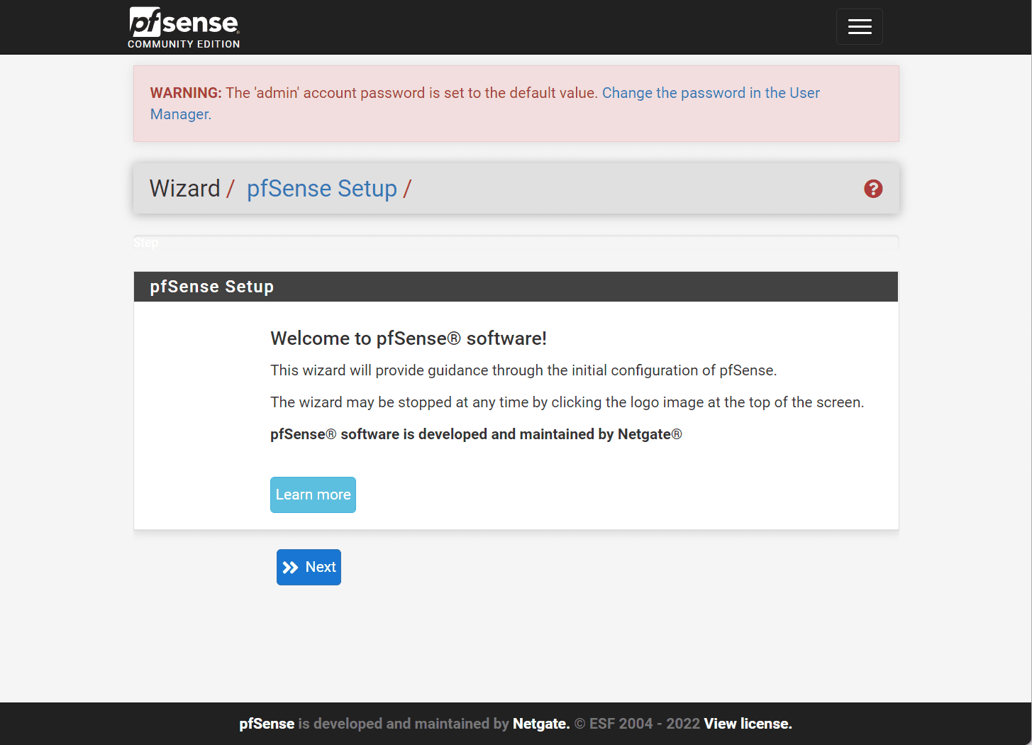 The pfSense Webconfigurator wizard launches