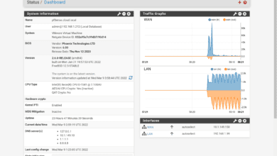 The pfSense dashboard after installing in VMware vSphere