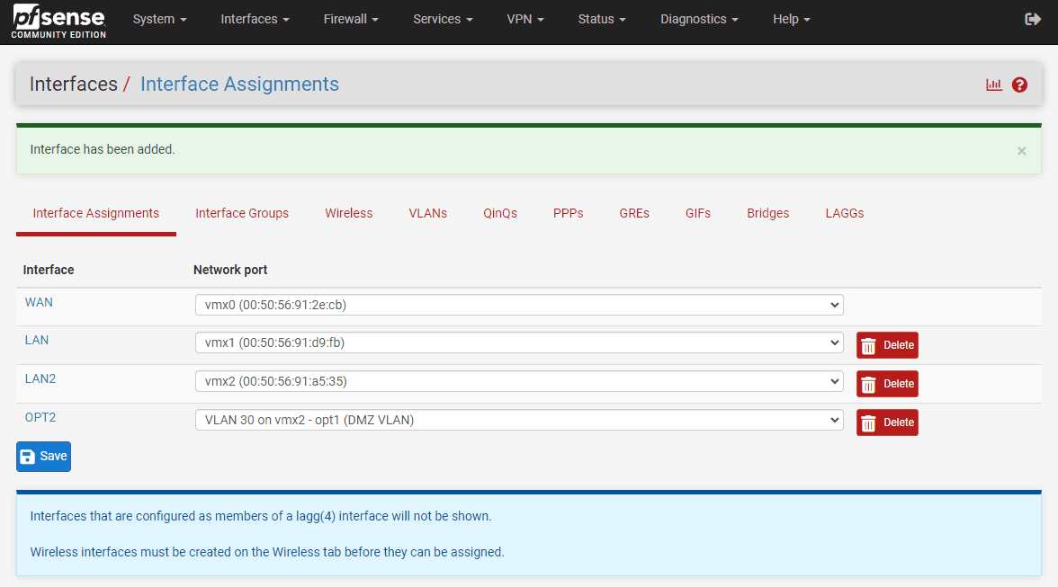 VLAN interface is successfully added in pfSense