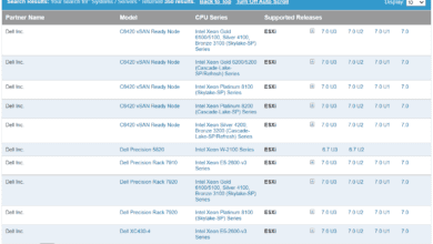 View of the Server Device and Model information on the VMware compatibility site